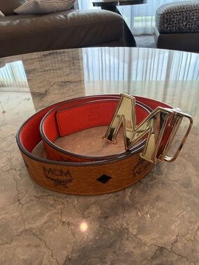 MCM Cognac Visetos Belt Bag with Red Lining and Gold 'M' Buckle